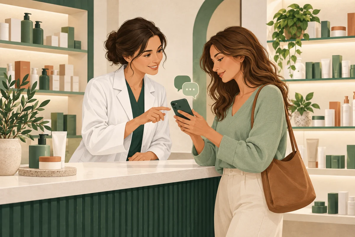 Illustrazione: una farmacista aiuta una cliente a usare il modulo sul telefono