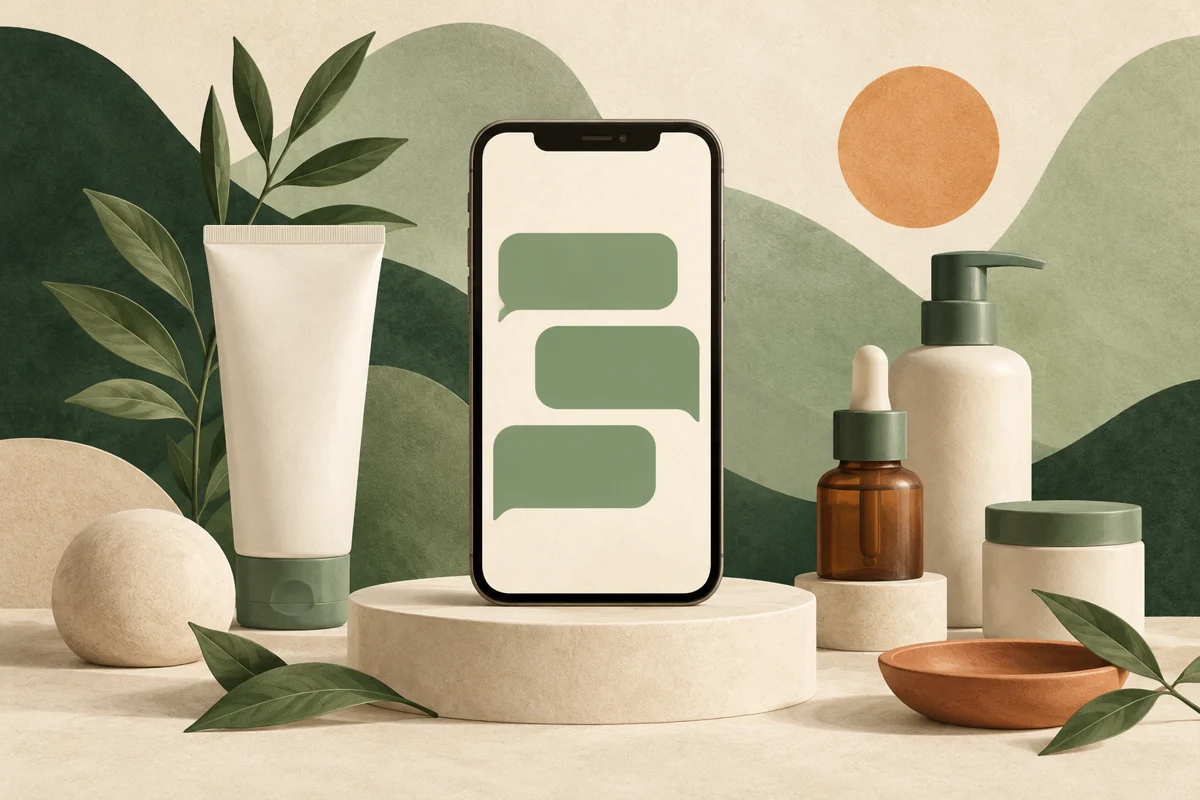 Illustrazione: telefono con messaggi e prodotti per la cura della persona
